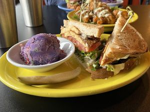 Tempeh BLAT with sweet potato salad side  at The Booch Bar in Hilo