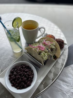 Vegan tacos, cucumber refresher n/a, golden milk with house made cashew milk 😋  at The Booch Bar in Hilo