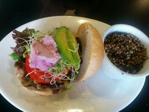Couscous Classic Burger with extra cashew cheese and avocado. quinoa on the side at The Booch Bar in Hilo