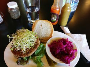 conscious classic burger with garlic kraut.  at The Booch Bar in Hilo