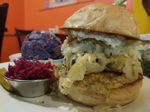 Tempeh Reuben and purple potato salad at The Booch Bar in Hilo