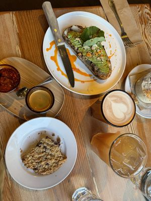 Mushroom toast, espresso with palate cleanser, oatmeal cookie, hot chocolate, black tea peach lemonade   at The Rose Establishment in Salt Lake City
