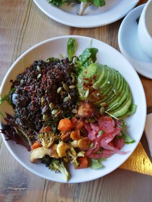 Brunch Bowl: avocado, heirloom black lentils, greens, peas, roasted broccoli and carrot, pickled onion, pepitas, sherry vinaigrette, bread crumbs. at The Rose Establishment in Salt Lake City