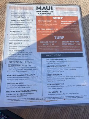 menu  at Maui Brewing Co in Kahana