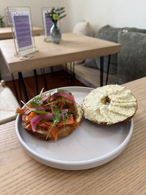 Carrot lox bagel  at Canela Vegan Bakery & Cafe Bridgeland in Calgary
