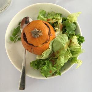 delicious stuffed squash vegan starter (mushroom, almond filling) at Hobbes in Paris
