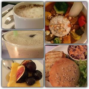 hot chocolate, banana smoothie, coconut curry, fig cheesecake, and burger  at Hobbes in Paris