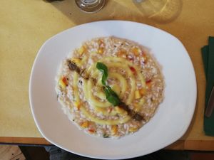 Peaches and rosemary risotto ! at Lo Fai in Piacenza