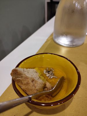 Pumpkin cream with orange and leek at Lo Fai in Piacenza