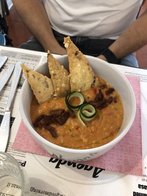 Gazpacho (~10€) with v-bacon bits. Very refreshing!   at Lo Fai in Piacenza