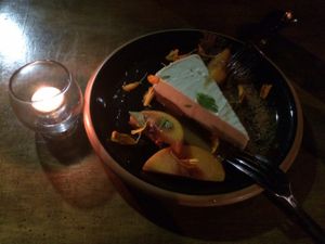 nearly vegan cheesecake sweetened with honey at Mesa Verde in Santa Barbara