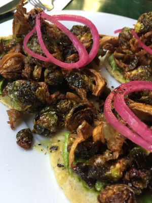 Brussel Tacos. I recommend if you enjoy Brussels, and that “char”. Very delicious. The tortillas are homemade! at Mesa Verde in Santa Barbara