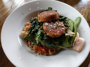 couscous bowl with veggie sausage at Mesa Verde in Santa Barbara