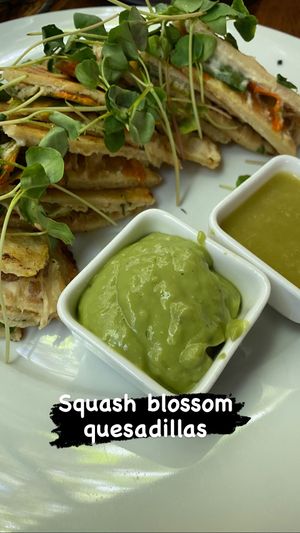 I thought the squash blossoms were bitter. My husband loved it. Served with creamy guac and salsa verde.  at Mesa Verde in Santa Barbara