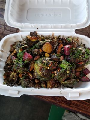 Brussels sprouts, ended up being 'to go' at Mesa Verde in Santa Barbara