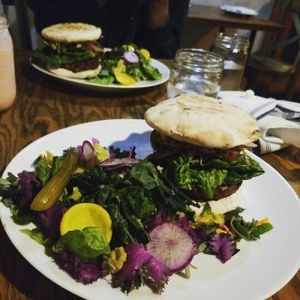 Super delicious burger and salad at Mesa Verde in Santa Barbara