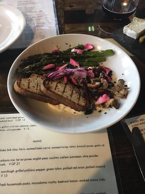 Almond Hummus, mushrooms and gluten free sourdough at Mesa Verde in Santa Barbara