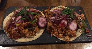 Amazing pulled jackfruit soft tacos at Mesa Verde in Santa Barbara