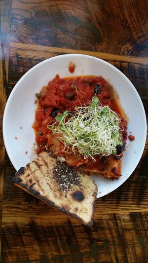 Vegetable Lasagna with spiced flat bread. at Mesa Verde in Santa Barbara
