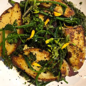 Seared Japanese Sweet Potatoes with flowering purple rabe (mine rabe was green), chimmichurri, nettle puree, Dijon, dried olives and Urf A Biber peppers!! Boy was it delicious! at Mesa Verde in Santa Barbara