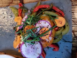 2 of 2 Rajas Tacos - hubby slid one off onto his plate before I could get the photo. Yummy & vegan. at Mesa Verde in Santa Barbara