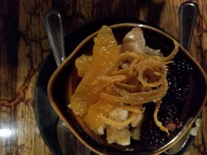 Panna Cotta with Macadamia Nuts, Fresh Blackberries, Orange Slices, & Candied Orange Peel. Delish & Vegan. at Mesa Verde in Santa Barbara