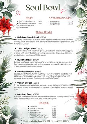 Menu😄, 100 % Plant Based 
 at Soul Bowl in London