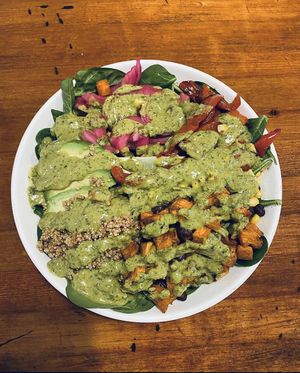vegan power bowl: roasted sweet potato, quinoa, black beans, corn, spinach, avocado, roasted red peppers, pickled red onion, green cilantro dressing  at Cafe One Eight in Lancaster
