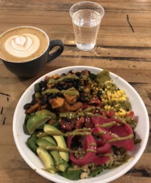 Vegan bowl and latte! at Cafe One Eight in Lancaster