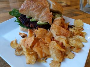 Black bean burger with chips at Cafe One Eight in Lancaster