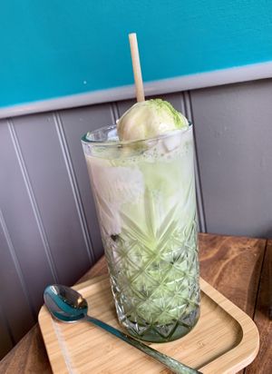 Matcha summer latte at Power Plant Cafe in Plymouth