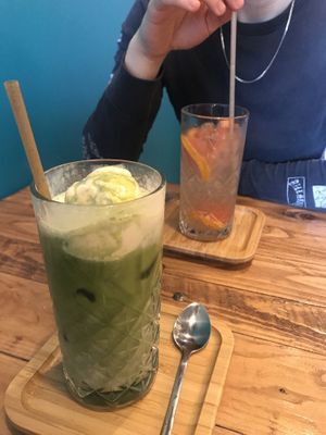Iced matcha summer latte + graphefruitade  at Power Plant Cafe in Plymouth