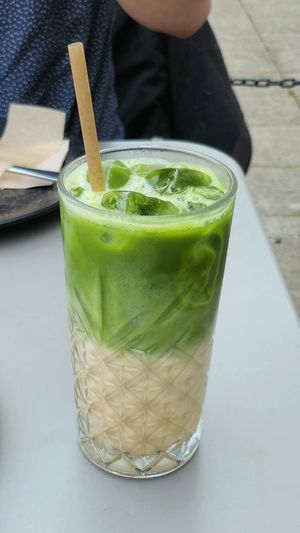 Peach matcha at Power Plant Cafe in Plymouth