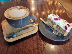 Oat mill cappuccino and hummingbird cake at Power Plant Cafe in Plymouth