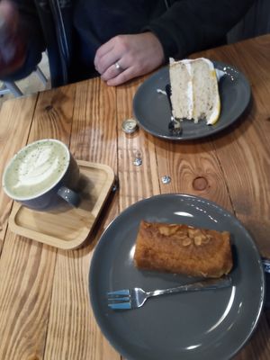Cakes & matcha latte at Power Plant Cafe in Plymouth