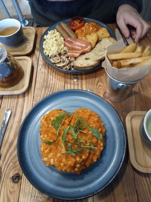 Bean on toast, chips & vegan all day breakfast at Power Plant Cafe in Plymouth