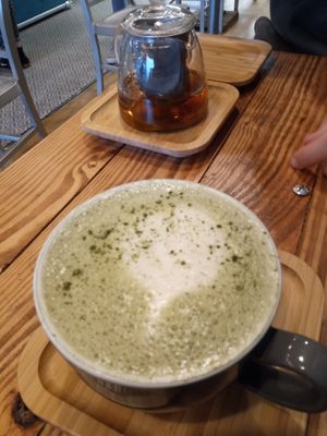 Matcha latte & some form of tea at Power Plant Cafe in Plymouth