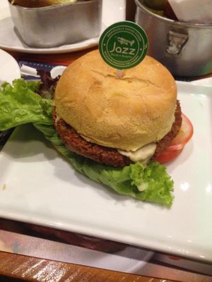 ''Charles Parker'': quinoa hamburger with lupine cheese. at Jazz Resto e Burgers in Sao Paulo