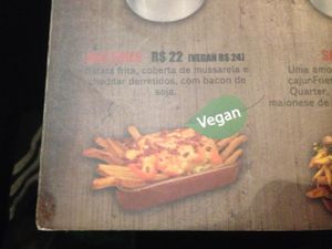 Vegan french fries with cheese and vegetable bacon. at Jazz Resto e Burgers in Sao Paulo