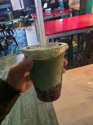 Strawberry matcha Boba tea with oat milk at Eli Tea Bar in Chicago
