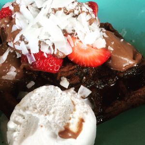 Vegan chocolate waffles at Argo on the Square in Adelaide