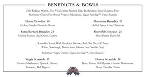 Offers JUST Egg, Vegan Cheese, Vegan Hollandaise, Vegan Sasuage   at Benny and Mary's in Irvine