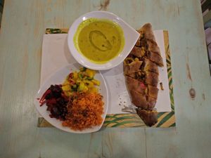 lentil soup, pida, and 3 salads at Kiez Vegan - Kortestrasse in Berlin