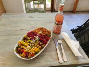 Big plate and rabarber lemonade at Kiez Vegan - Kortestrasse in Berlin