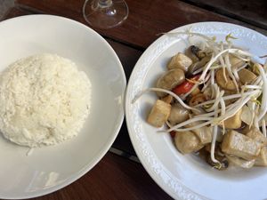 טהו פאד מט ממואנג (טופו עם קשיו, כרובית, פטריות, בצל, פלפל ונבטים). מגיע עם אורז מאודה. בגרסא הצמחונית  at Thai House - Bayit Thailandi in Tel Aviv