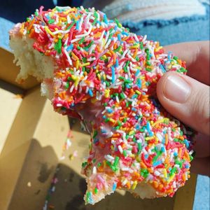 Strawberry sprinkles donut at Cherry Darlings Bakehouse in Adelaide