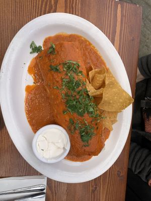 Vegan Mock Steak Burrito w/ Red Enchilada Sauce  at El Chupacabra - West in Seattle