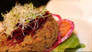 veggie burger with gluten free lettuce bun  at GustOrganics in New York City
