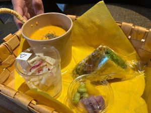 C Set (rice sandwich, pickles, carrot soup) at Hibino Cafe AGT in Sapporo