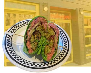 Falafel burger (superposed over front of venue) at Bareburger - Upper East Side in New York